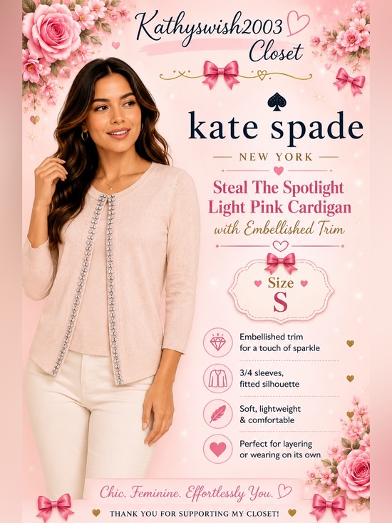 kate spade Sweaters - Kate Spade Steal The Spotlight Light Pink Cardigan with Embellished Trim Size S